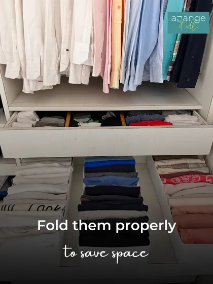 Proper folding is key to saving space. We use the file-folding method for t-shirts and other casual wear to maximize drawer space and keep everything visible.