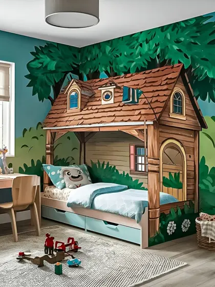 A whimsical kid's bedroom designed around a treehouse theme. The custom bed frame and wall mural create an immersive and playful environment, sparking imagination while providing a comfortable place to sleep.