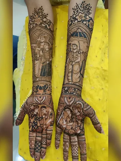 This design beautifully portrays a South Indian couple in traditional wedding attire. The details in their clothing and the surrounding motifs reflect the cultural richness of the ceremony.