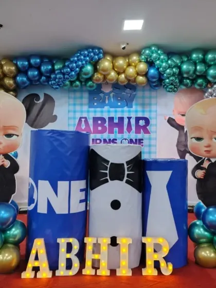 We bring popular kids' themes to life. Here is our Boss Baby theme decoration with life-size character cutouts, a custom backdrop, and marquee letters for a memorable first birthday.