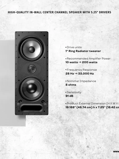 The Polk 265-LS is a high-quality in-wall center channel speaker with 5.25-inch drivers. Its specifications show a wide frequency response and high sensitivity, ensuring clear dialogue and a dynamic front soundstage for home theaters.