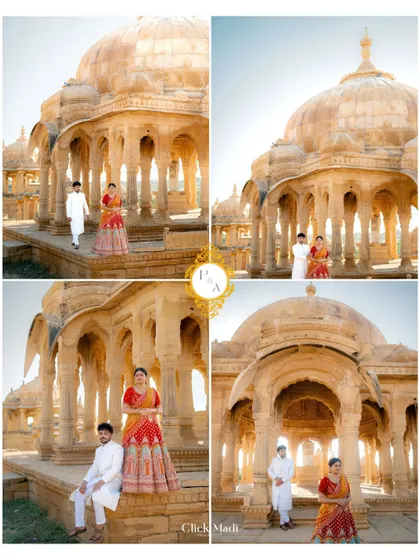 A four-panel collage displaying the couple's portraits at a historic Rajasthani monument, highlighting the scale of the architecture and their regal presence within it.