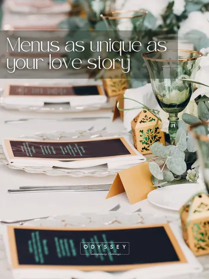 Menus as unique as your love story. This image of an elegant wedding table setting showcases our personalized approach to wedding catering, where every detail is crafted to perfection.