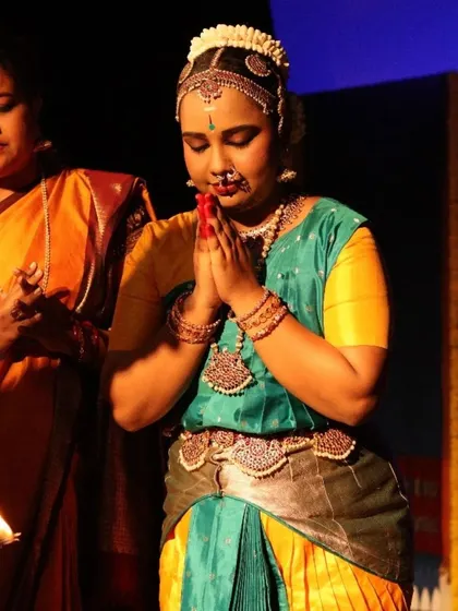A beautiful moment from my student Dharitri's Rangapravesha. As a guru, seeing your student perform on stage is a deeply emotional and proud experience.