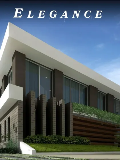 An architectural rendering showcasing an elegant and modern villa design. The concept focuses on strong horizontal lines, a cantilevered roof, and a mix of textures to create a sophisticated exterior.
