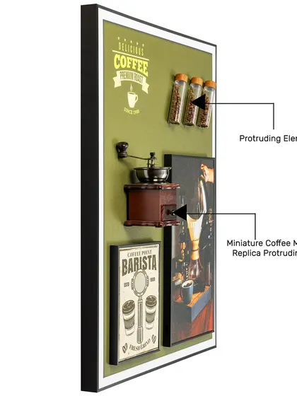 This side view highlights the protruding elements of the Coffee Legacy shadow box, showing the miniature coffee machine replica and other 3D details that bring the piece to life.