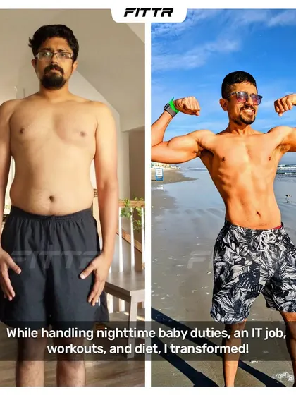 Urmil, an IT professional, balanced a new baby, a demanding job, and late-night workouts to achieve this transformation. He lost 16.5 kg in a year, proving that even the busiest dads can get fit.