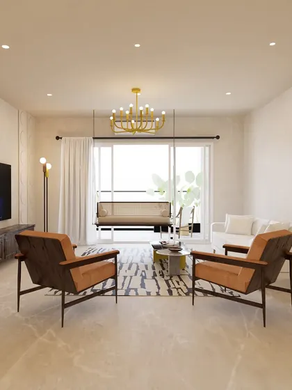 A proposed design for a residence in Jayanagar, featuring a wide view of the living room. The layout includes a traditional swing by the balcony, blending modern furniture with classic Indian elements for a personalized touch.