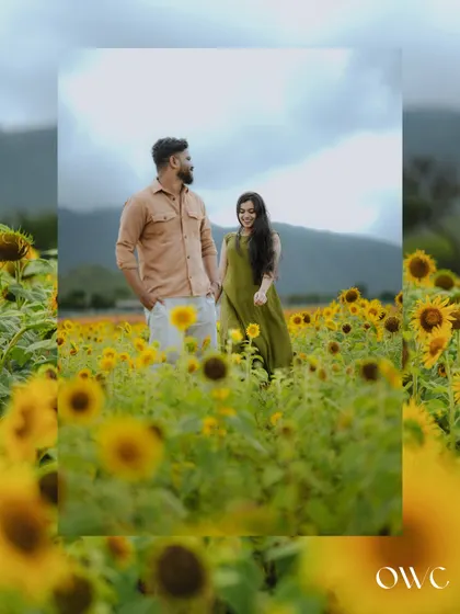 A creative edit of a couple's pre-wedding photo in a sunflower field, adding an artistic and dreamy quality to the image.