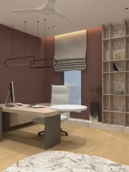 A 3D render of a modern and inviting study or home office. The design features a unique wooden bookshelf, contemporary lighting, and a warm color palette to create a space that is both functional and inspiring.