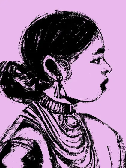 A profile portrait set against a solid candy pink background. This series experiments with Pantone colors to create a bold, modern, and graphic visual impact.