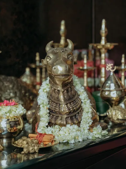 A close up of a brass Nandi statue adorned with a delicate jasmine garland. We use these authentic cultural elements to bring a sense of sanctity and tradition to our decor.