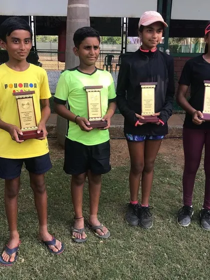 A clean sweep for our players at the FSA KSLTA State Ranking Tennis Tournament in Bangalore. Pictured here are our champions: Ishaan Badagi (U-12 Winner), Sanjay G (U-12 Runner-Up), and Aditi (U-12 Runner-Up).