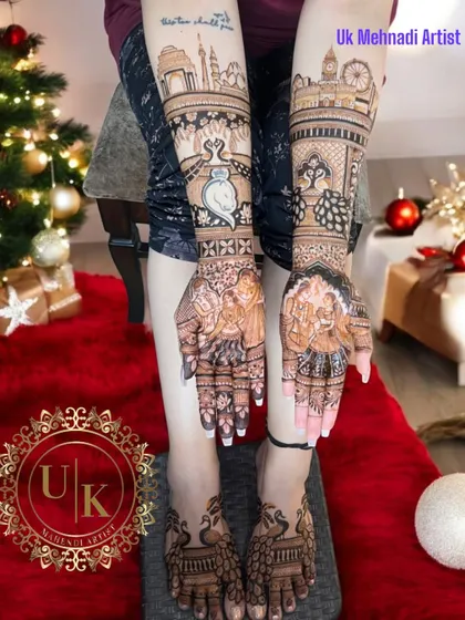 This unique design combines London landmarks with Indian wedding motifs and portraits. It tells the story of a couple's journey, making their bridal mehandi truly one-of-a-kind.