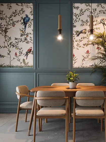 A classic dining setup with a modern twist. The room features deep teal wall paneling and a beautiful wallpaper with a bird motif, creating an elegant and timeless atmosphere.