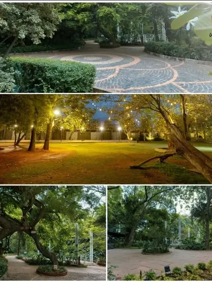 A collage of the beautifully landscaped pathways and gardens at our Mukta venue. The ambient lighting and lush greenery create a magical and romantic atmosphere, perfect for evening celebrations.