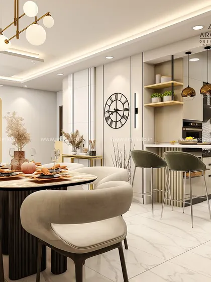 This dining space is integrated with a breakfast counter, creating a versatile area for meals and casual chats. The design is both practical and stylish, with a large wall clock as a key feature.