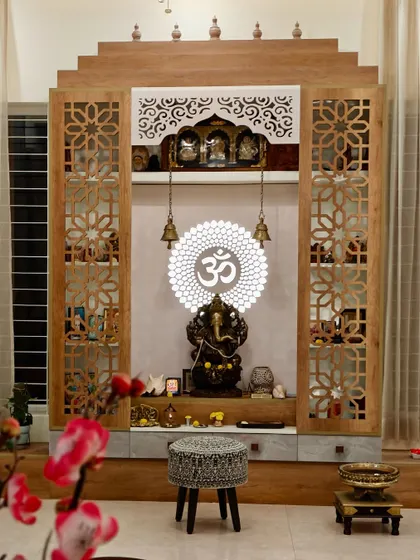 A full frontal view of the stunning pooja unit, where traditional motifs meet modern design for a space of spiritual elegance.