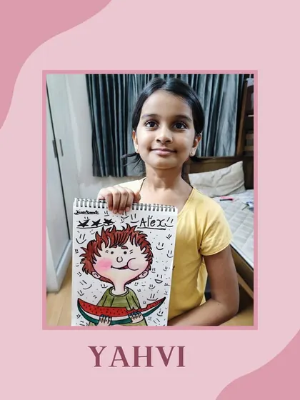 Yahvi and her creative character drawing, "Alex". We love seeing the unique personalities our students bring to their artwork.