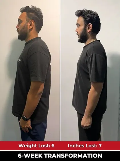 The side profile of Karthik's transformation highlights his improved posture and leaner physique, a result of our personalized coaching.