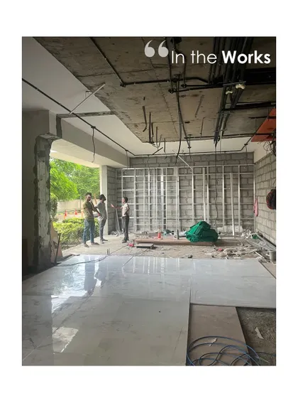 On-site progress at The Corridors project in Gurugram. This "In the Works" shot shows the structural framework being installed, the first step in realizing the lobby's sculpted elegance.