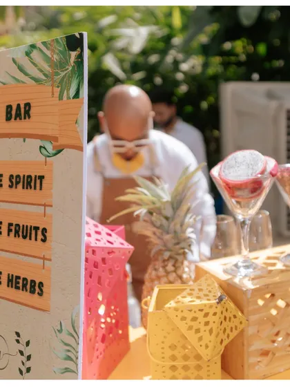 A custom DIY Bar at a poolside Mehendi. Guests could choose their own spirits, fruits, and herbs to create their perfect cocktail, adding a fun, personalized touch to the party.