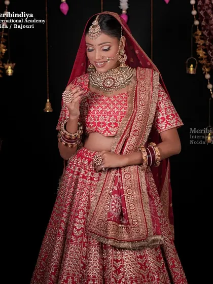 This image showcases the complete silhouette of the bride, with the hairstyle providing a clean and regal frame for her face.