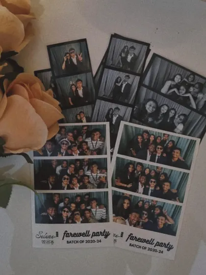 A collection of photo strips from a farewell party, showing the custom template design.