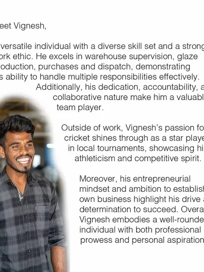 Meet Vignesh, one of the all-rounders of our Clay Station family. He excels in everything from warehouse supervision to glaze production and is a valuable, dedicated team player with an entrepreneurial spirit.