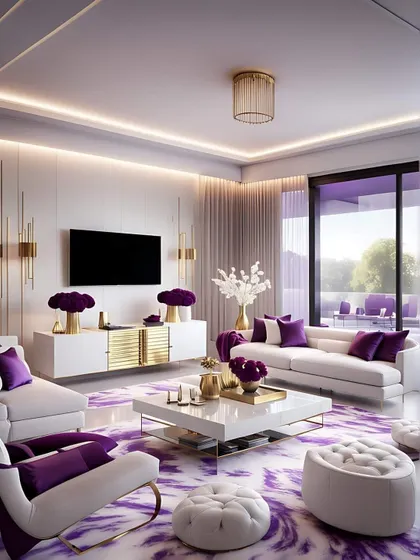 A chic and modern living room with a white and purple color scheme. The abstract purple and white rug is a statement piece that anchors the entire design.