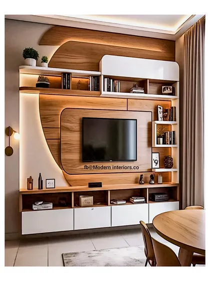 This design uses curved wooden elements and integrated lighting to create a soft, organic flow. The combination of open shelves and closed cabinets offers a perfect balance between displaying your favorite items and hiding away clutter.