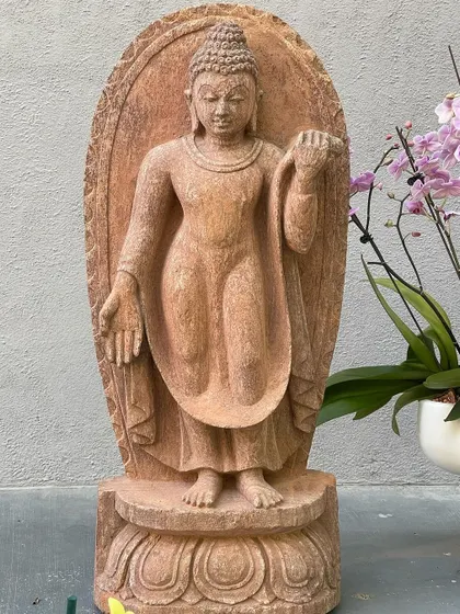 A full view of the standing Buddha statue, carved from red sandstone in the Pala dynasty style. Placed next to orchids, it highlights how beautifully these spiritual pieces integrate with natural elements.