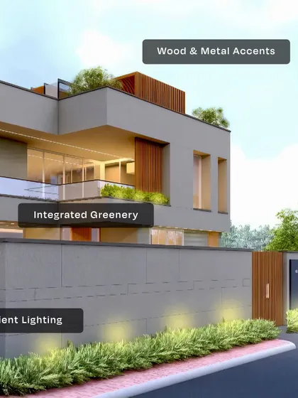 This image details our signature touches: integrated greenery on balconies, warm wood and metal accents for texture, and ambient lighting along the base to create a floating effect. Every element is chosen for both beauty and purpose.