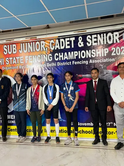 The girls' team showcasing their success at the Delhi State Fencing Championship. These fencers brought home medals in sub-junior foil, epee, and cadet sabre categories.