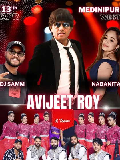 Announcement for our show in Medinipur West, showcasing the full team including DJ Samm and Nabanita.