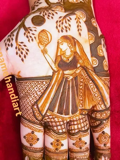 Another popular Karwa Chauth theme. This design shows a woman holding the sieve and looking at the moon, set against a tree.