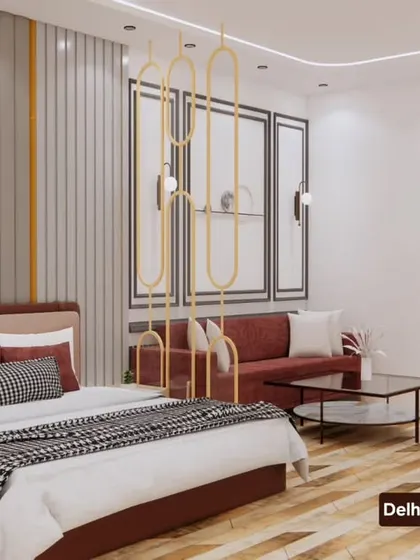 A 3D concept for a spacious master bedroom. The design includes a separate seating area, a large bed with a statement headboard, and a golden partition for a touch of luxury.