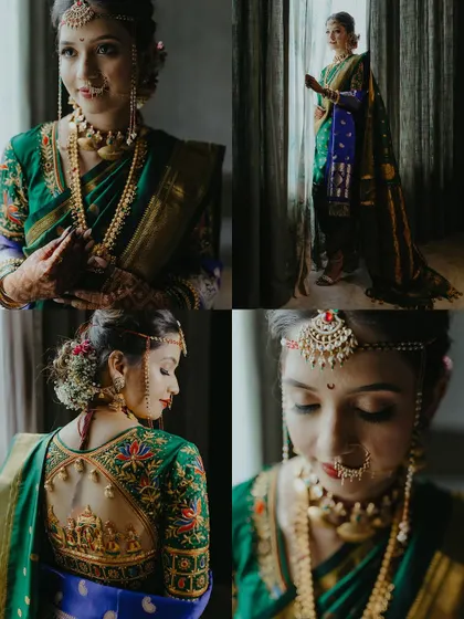 A quad of bridal portraits showcasing the intricate details of a Maharashtrian bride's look, from her Nath to the detailed embroidery on her blouse.