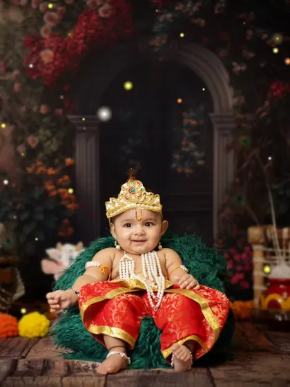 This little Krishna is king of his throne! His happy smile lights up the entire setup.