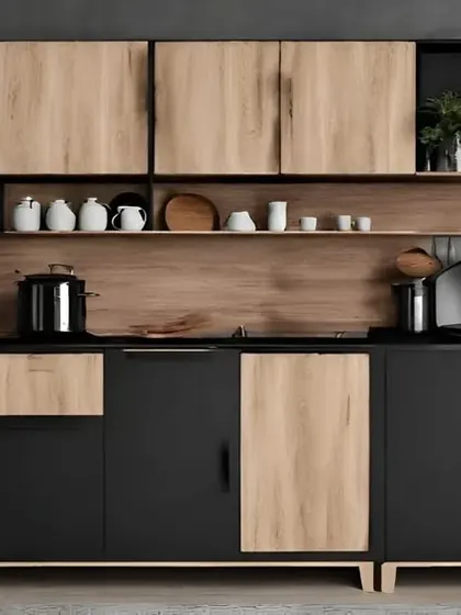 A modern and industrial-style kitchen or dining storage unit. The combination of black cabinetry and natural wood doors creates a bold contrast, with open shelving for easy access to everyday items.