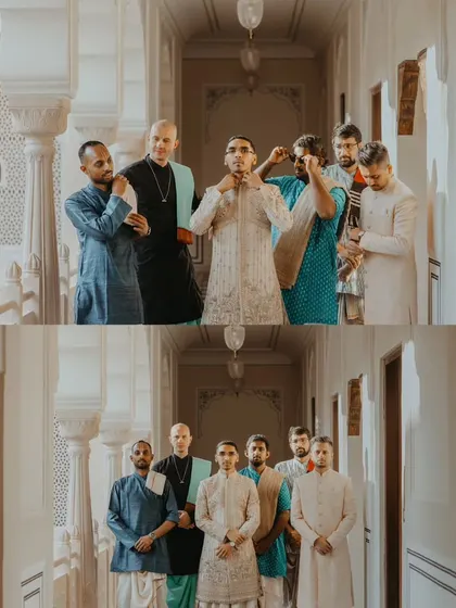 A collage of the groom with his groomsmen, capturing the fun and supportive moments before the ceremony.