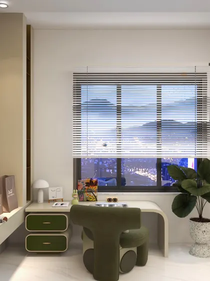 A playful yet stylish kid's bedroom with a functional study corner and a unique, modern chair.