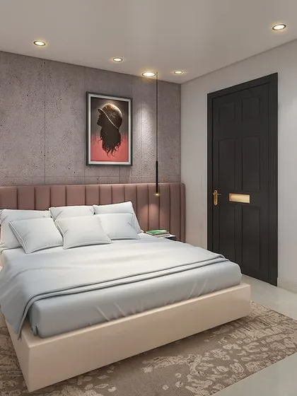 A simple yet elegant bedroom concept with a pink upholstered headboard against a grey textured wall. The pendant lights add a modern touch.