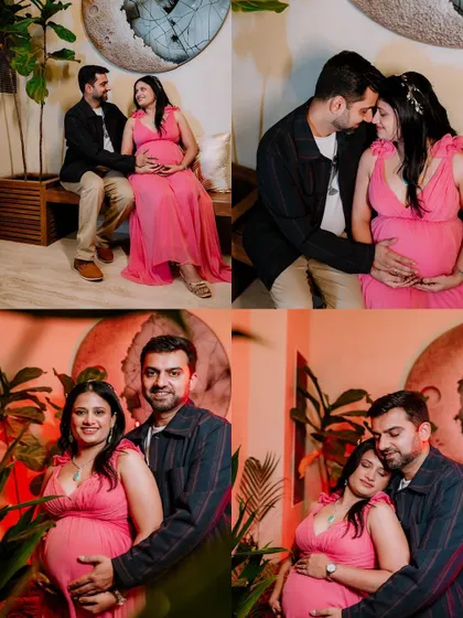 A four-image grid showcasing different poses from a couple's maternity shoot. This layout effectively displays a range of interactions, from sitting together to standing embraces, all within one cohesive visual.