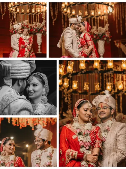 A collage of the couple during their varmala ceremony. The mix of color and black and white shots captures the romance and grandeur of the moment under the warm lights.