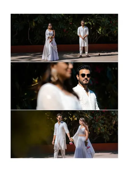 A triptych showing the "first look" moment. We capture the anticipation and the beautiful reveal, telling a small story of the moment they see each other in their beautiful outfits.