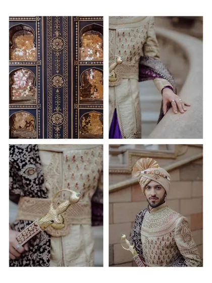 A collage of the groom's royal attire, focusing on the intricate details of his sherwani, his turban, and the ceremonial sword.