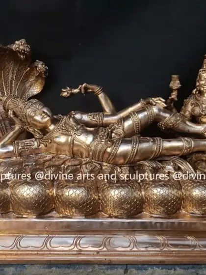 We were inspired to create this unique sculpture of Lord Ranganathar, a form of Vishnu in repose, resting upon the serpent Adishesha. This 22-inch long Panchaloha piece captures a moment of cosmic tranquility and divine grace, a testament to the narrative power of Chola bronze art.