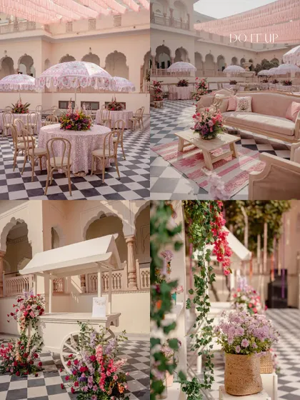 A collage of the welcome lunch and Haldi, showing the pink-themed brunch, the yellow-themed Haldi, and the happy moments of the couple and their guests.