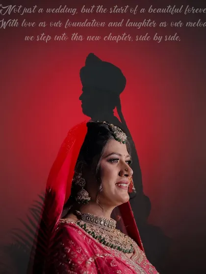 An artistic and symbolic portrait of the bride. The shadow of the groom projected behind her signifies their impending union, creating a powerful and creative image.